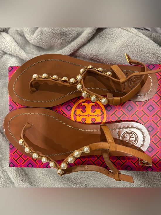Tory Burch Shoes - Tory Burch Tan Emmy Pearl Calf Leather Sandals